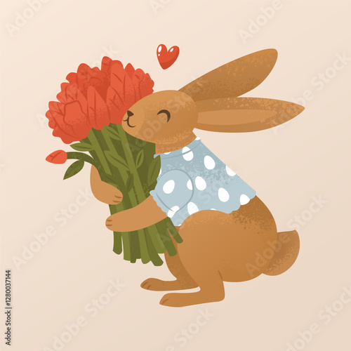 Greeting card with a wish for a happy Easter. Adorable bunny in a shirt with a bouquet of tulips. Cute child character congratulates on the Christian holiday. Vector cartoon illustration.