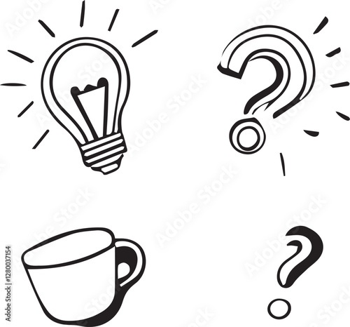 Coffee cup and light bulb doodle set. Hand drawn vector illustration.