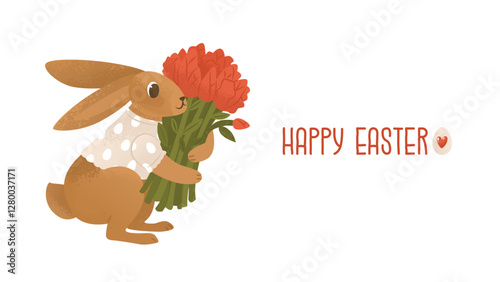 Congratulatory horizontal banner with a wish for a happy Easter. Adorable bunny in a shirt with a bouquet of tulips. Cute child character congratulates on the Christian holiday. Vector illustration.