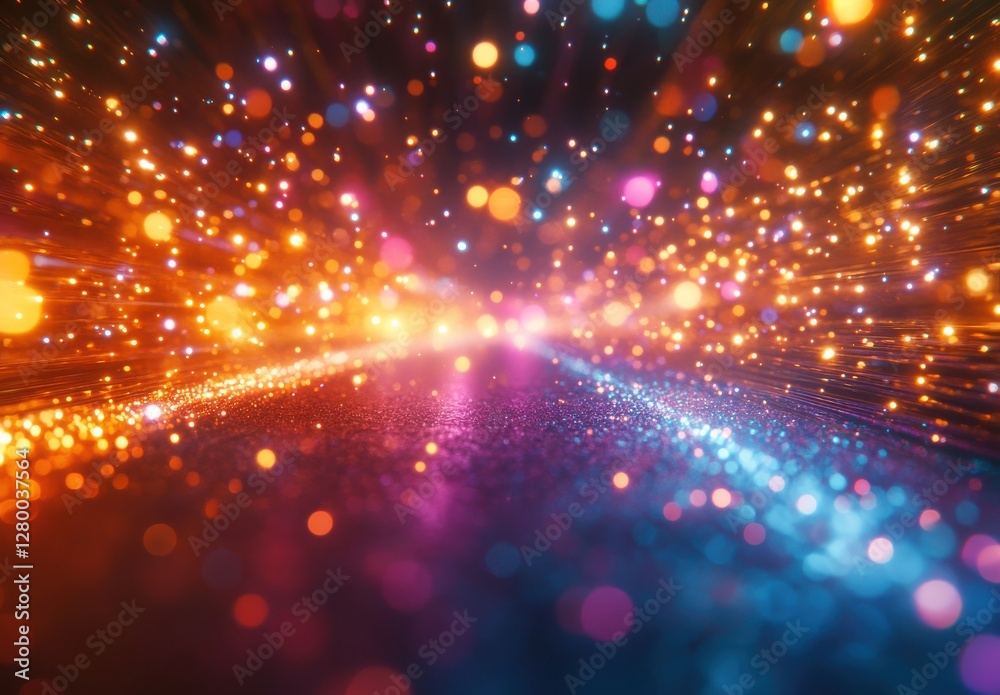 Fototapeta premium Glowing Particles with Bright Bokeh Effect Creating a Magical Atmosphere in Dynamic Color Range and Soft Focus on a Dark Background