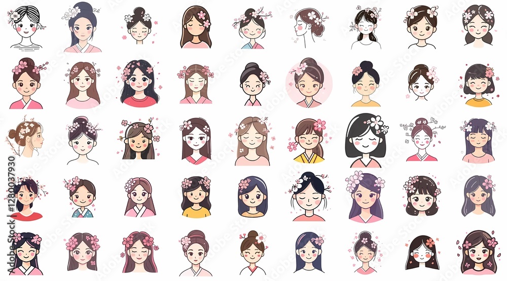 A Set of Cute Young Woman Illustrations with Cherry Blossom in Hair in South Korea Style A Set of Cute Young Woman Illustrations with Cherry Blossom in Hair in South Korea Style