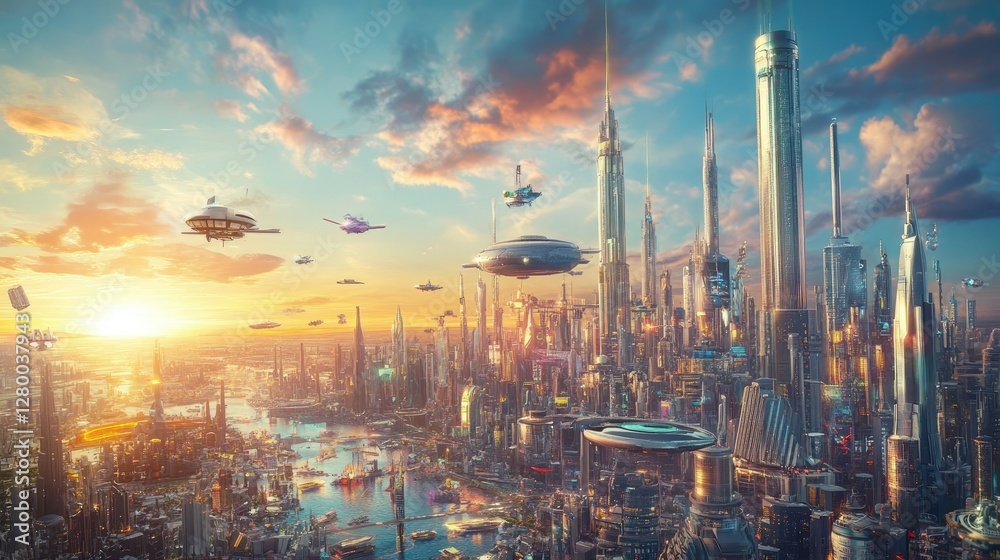 Fototapeta premium Futuristic Cityscape at Sunset: A Vision of Tomorrow's Metropolis
