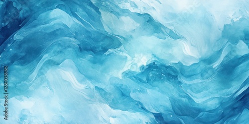 Abstract blue watercolor painting with flowing, wavy textures and gradients.