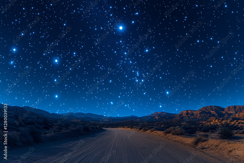 Fototapeta premium An expansive desert landscape, illuminated by a starry night sky filled with countless twinkling lights, underlines a dirt road that stretches into the horizon.