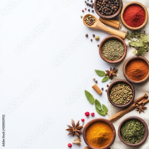 Assorted culinary spices and herbs in wooden bowls on white background © Lui Shtein