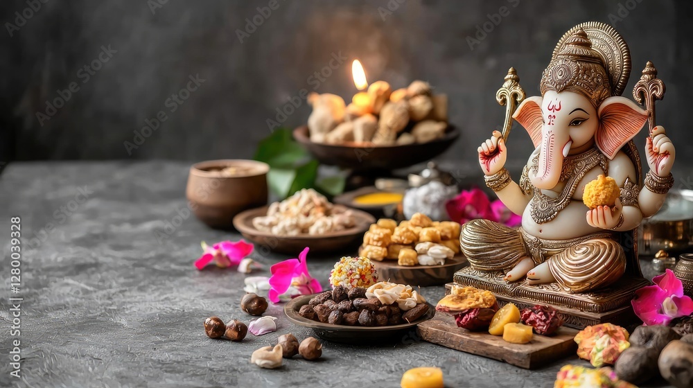 Celebrating Ganesh Chaturthi with Offerings and Sweets on a Table Celebrating Ganesh Chaturthi with Offerings and Sweets on a Table
