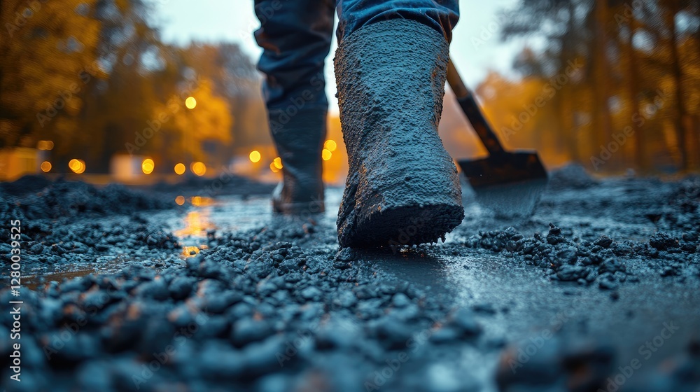 Muddy boots, roadwork, urban setting, dusk Muddy boots, roadwork, urban setting, dusk