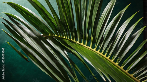 Stylish background for presentation. Palm leaf on a green surface with shadow.
