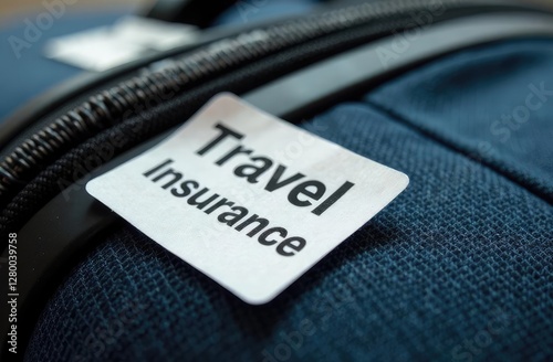 Travel insurance label is put on luggage. Travel insurance is intended to cover medical expenses, lost luggage and other losses incurred while traveling photo