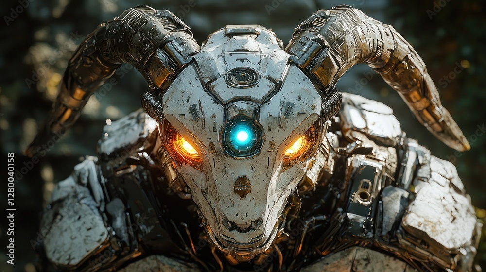 Fototapeta premium Close-up of a robotic ram head with glowing eyes.