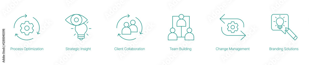 Process Optimization, Client Collaboration, Team Building, and Branding Solutions Icons