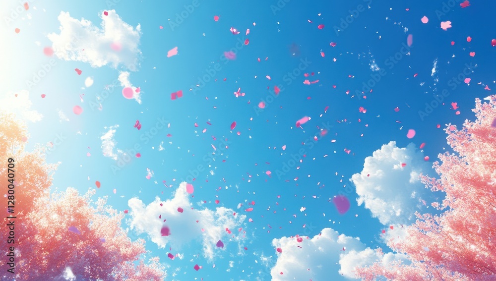 Obraz premium Pink Flower Petals Falling Under Bright Blue Sky with Light Clouds and Vibrant Cherry Blossom Trees in Springtime Atmosphere