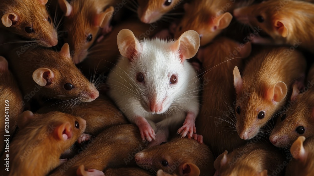 One white mouse among many brown mice