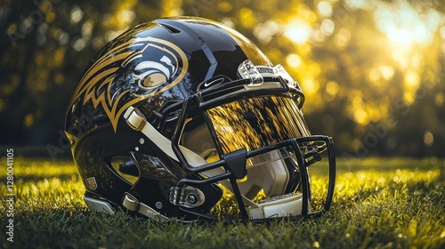 Black football helmet with gold eagle logo rests on green grass.