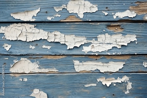 Natural wood surface showing cracked paint and weathered textures in rustic blue hues and worn-out details from age