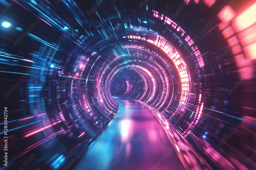 Fototapeta premium Neon Light Tunnel Digital Abstract Art
