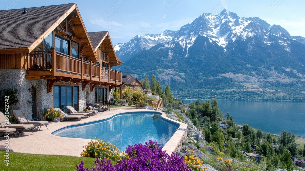 Naklejka premium Luxury chalet pool, mountain lake view, summer vacation