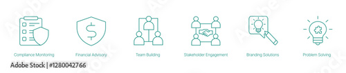 Compliance Monitoring, Financial Advisory, Team Building, and Branding Solutions Icons