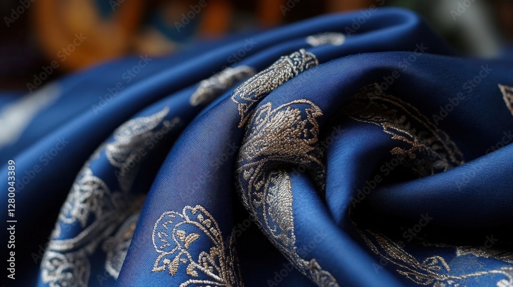 Elegant blue fabric intricate embroidery in textile craftsmanship