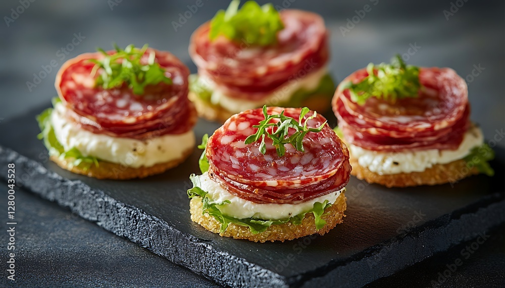 Smoked salami appetizers on slate plate, food styling Smoked salami appetizers on slate plate, food styling