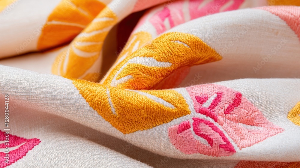 Vibrant floral embroidery textile art home decor soft fabrics close-up view craftsmanship
