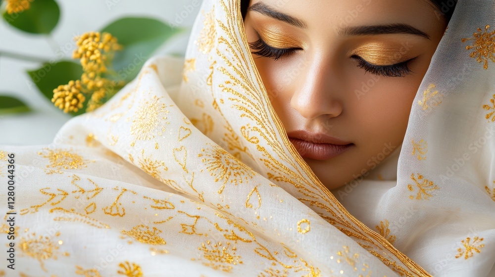 Elegance in golden embroidery cultural heritage portrait indoor close-up beauty