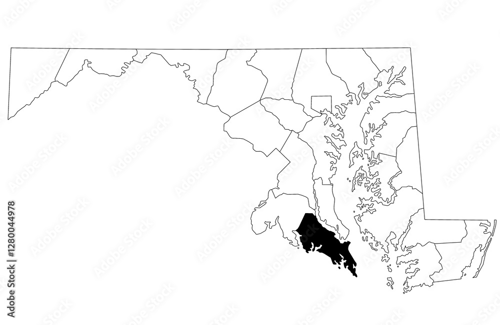 Obraz premium Map of St Mary's County in Maryland state on white background. single County map highlighted by black colour on Maryland map. UNITED STATES, US