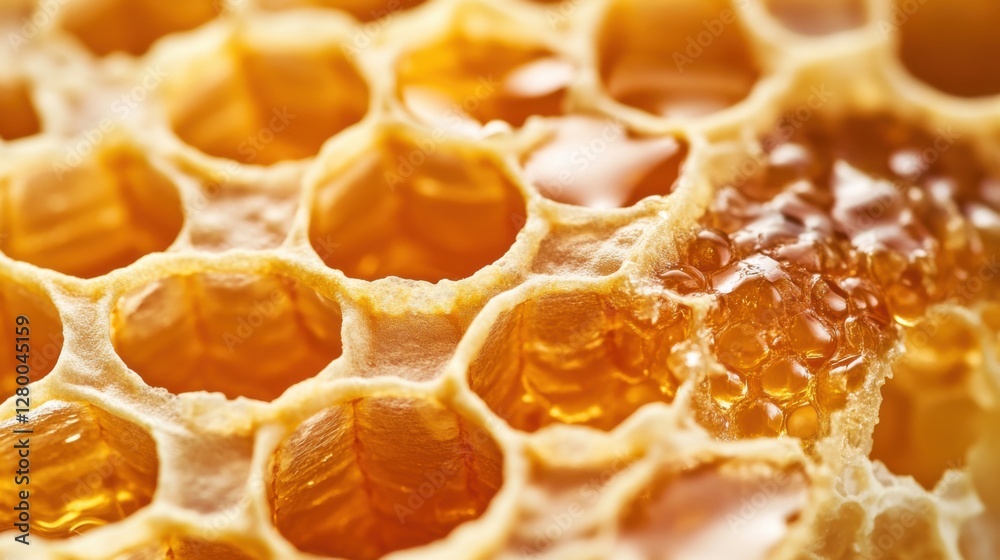 Honeycomb Structure with Honey, Close-Up View Honeycomb Structure with Honey, Close-Up View