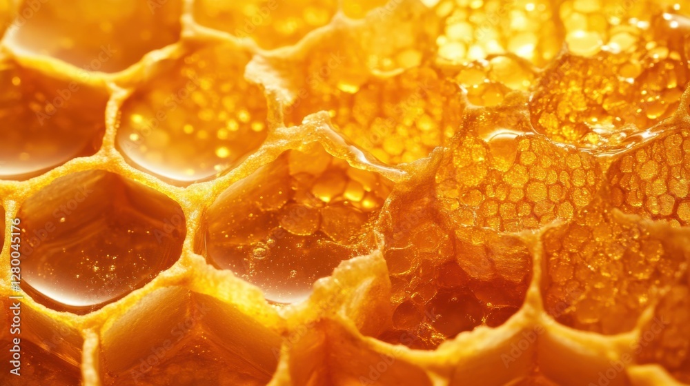 Honeycomb Structure Filled with Honey, Close-Up Honeycomb Structure Filled with Honey, Close-Up
