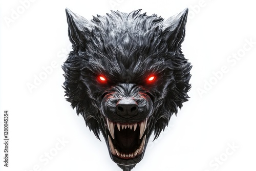 A snarling black wolf head with glowing red eyes