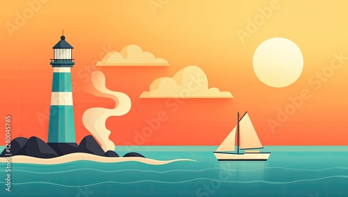 Coastal Lighthouse Sunset Scene with Sailboat photo