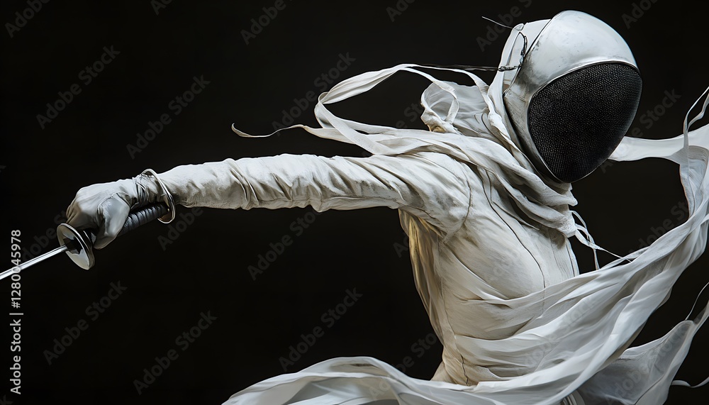 Fototapeta premium A fencer lunges forward in white attire and mask