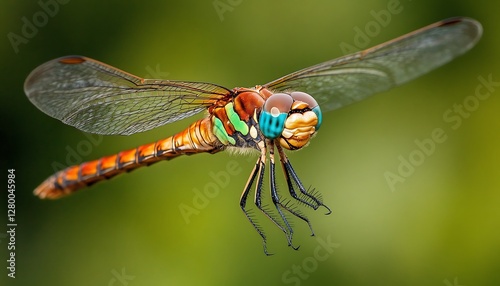 Colorful dragonfly in flight, green background