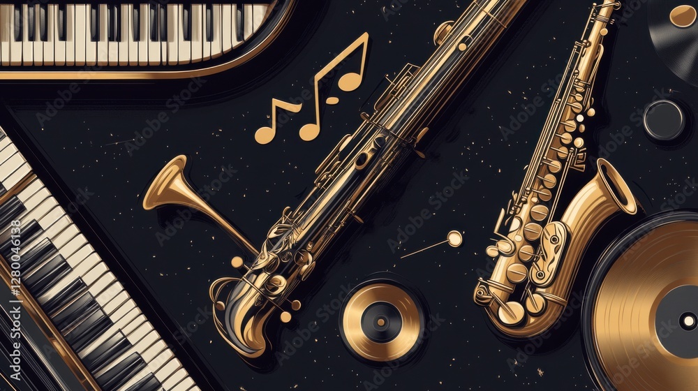 Naklejka premium Musical Instruments: Saxophone, Clarinet, Piano, and Vinyl Records