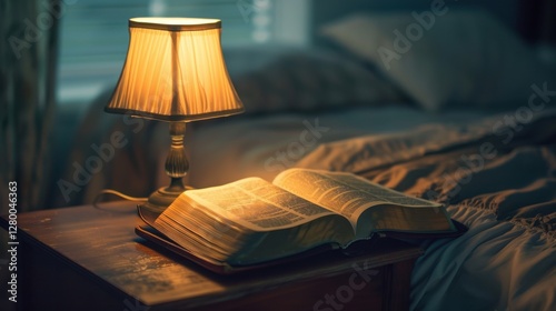 Open Book on Nightstand with Lamp near Bed