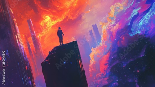 Person on Rock Overlooking Colorful Sky and Distant Buildings