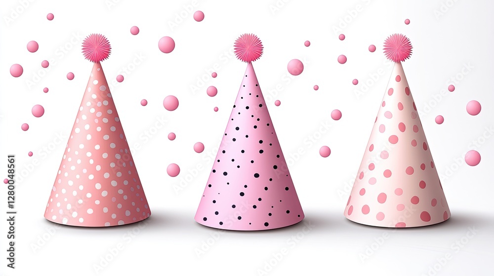 Pink polka dot party hats, celebration, white background, confetti Pink polka dot party hats, celebration, white background, confetti