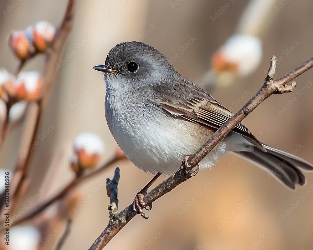 Naklejka premium Small bird perched on branch, winter flowers in background