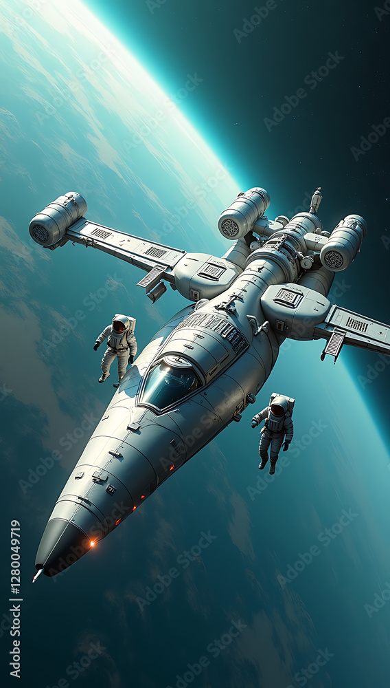 Obraz premium A dynamic 3D-rendered illustration of a futuristic space station orbiting a distant planet, with spacecraft docking and astronauts working outside. 