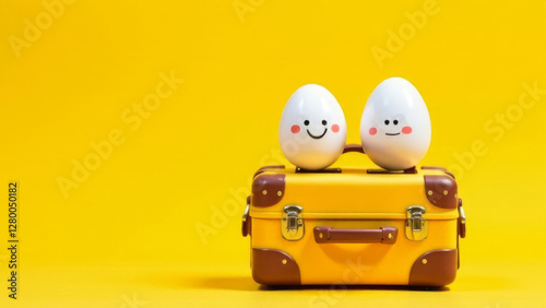 Two cute Easter eggs with smiling faces sit on vintage suitcase against vibrant yellow background. Fun and creative travel-themed holiday concept full of joy and whimsy, copy space