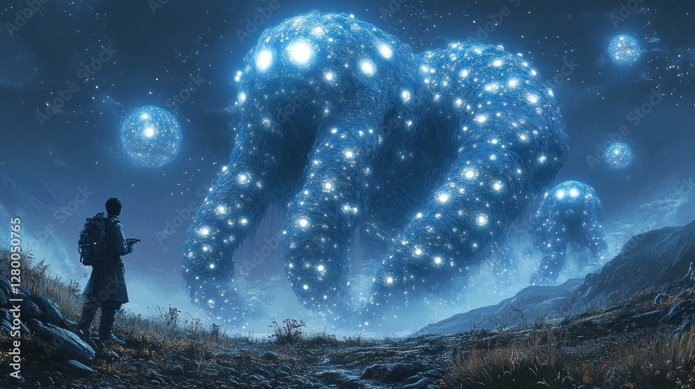 Naklejka premium Luminous cosmic entity looms over lone traveler in a mountainous landscape under a starry night sky.
