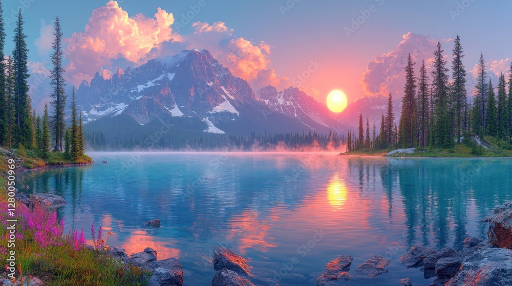 Fototapeta premium Sunrise over a serene mountain lake reflecting the vibrant colors of the dawn sky, mist rising from the water, and wildflowers in the foreground.