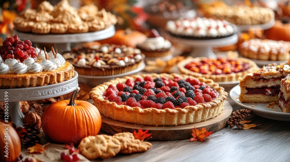 Fototapeta premium Assorted autumn pies and pastries displayed on wooden table with pumpkins and fall leaves.