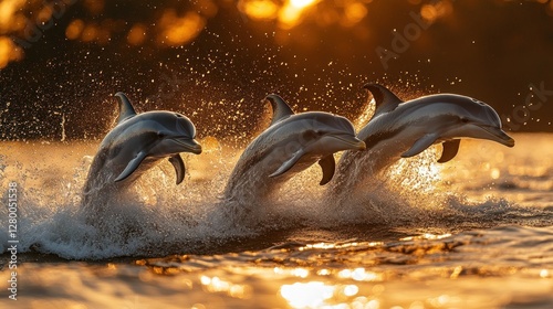 Three dolphins leaping from ocean water at sunset.