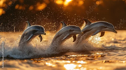 Fototapeta Three dolphins leaping from ocean water at sunset.