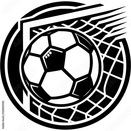 Tattoo emblem of soccer ball flies into corner of the football goal in monochrome. Engraving minimalistic vector in black ink drawing on transparent background