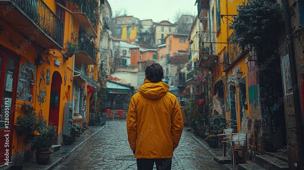 Man in yellow jacket stands in colorful, narrow European street, looking towards hilltop houses. Man in yellow jacket stands in colorful, narrow European street, looking towards hilltop houses.