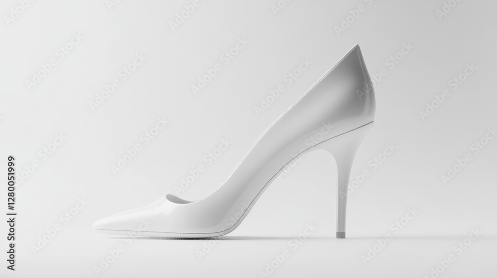 Fototapeta premium Single white high-heeled pump shoe on plain background.