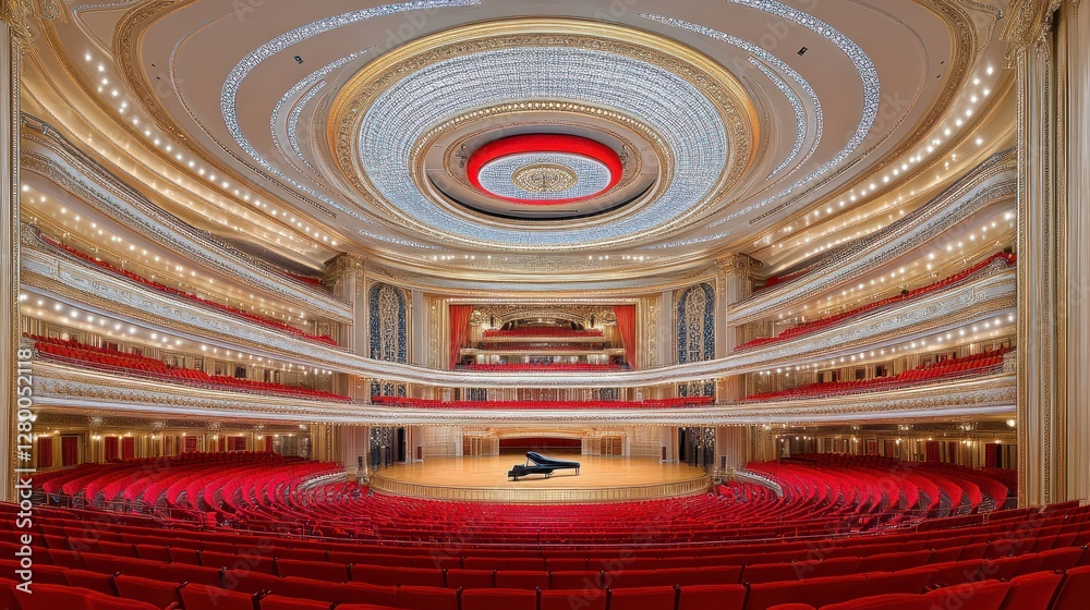 Obraz premium Grand concert hall interior with red seats, a stage, and a piano.
