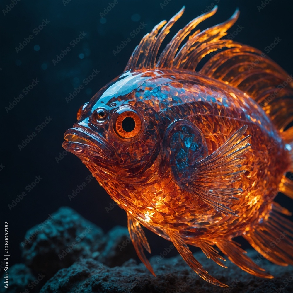 Fototapeta premium A mystical phoenix-themed crystal fish with glowing fiery patterns.